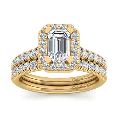 14K Yellow Gold Halo Emerald Cut Diamond Engagement Ring