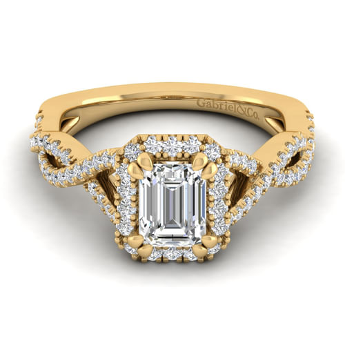 14K Yellow Gold Halo Emerald Cut Diamond Engagement Ring