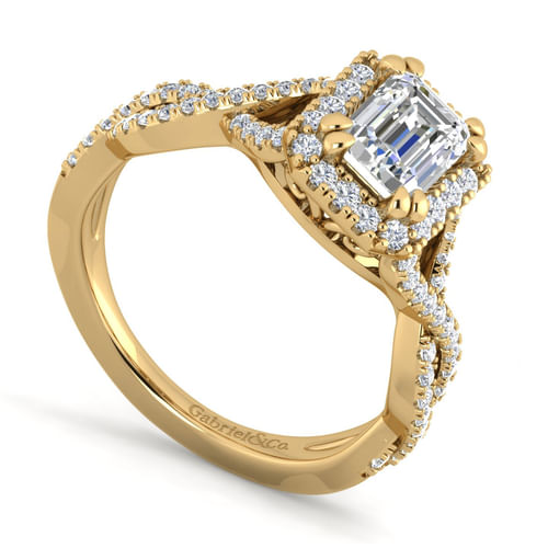 14K Yellow Gold Halo Emerald Cut Diamond Engagement Ring