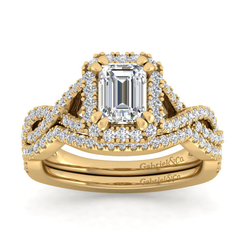 14K Yellow Gold Halo Emerald Cut Diamond Engagement Ring