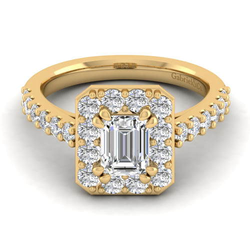 14K Yellow Gold Halo Emerald Cut Diamond Engagement Ring