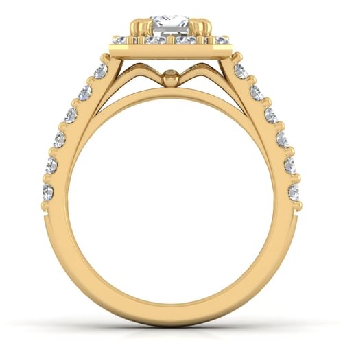 14K Yellow Gold Halo Emerald Cut Diamond Engagement Ring