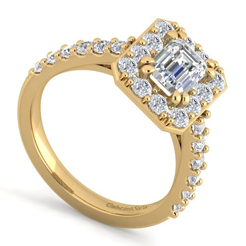 14K Yellow Gold Halo Emerald Cut Diamond Engagement Ring