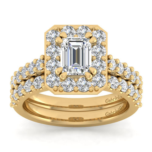 14K Yellow Gold Halo Emerald Cut Diamond Engagement Ring
