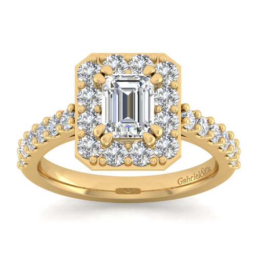 14K Yellow Gold Halo Emerald Cut Diamond Engagement Ring