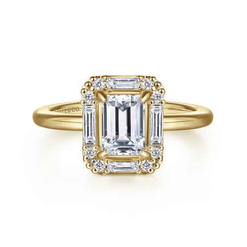 14K Yellow Gold Halo Emerald Cut Diamond Engagement Ring