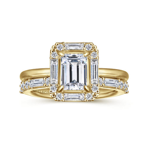 14K Yellow Gold Halo Emerald Cut Diamond Engagement Ring