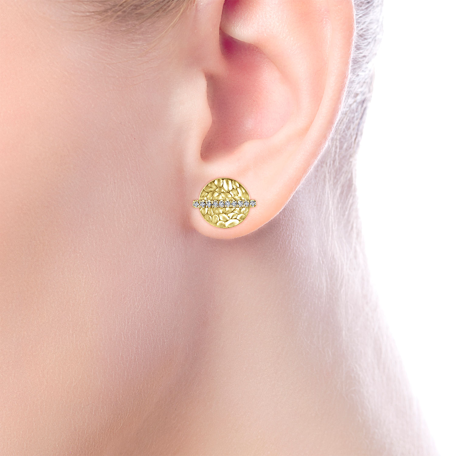 14K Yellow Gold Hammered Discs with Diamond Bar Center Stud Earrings
