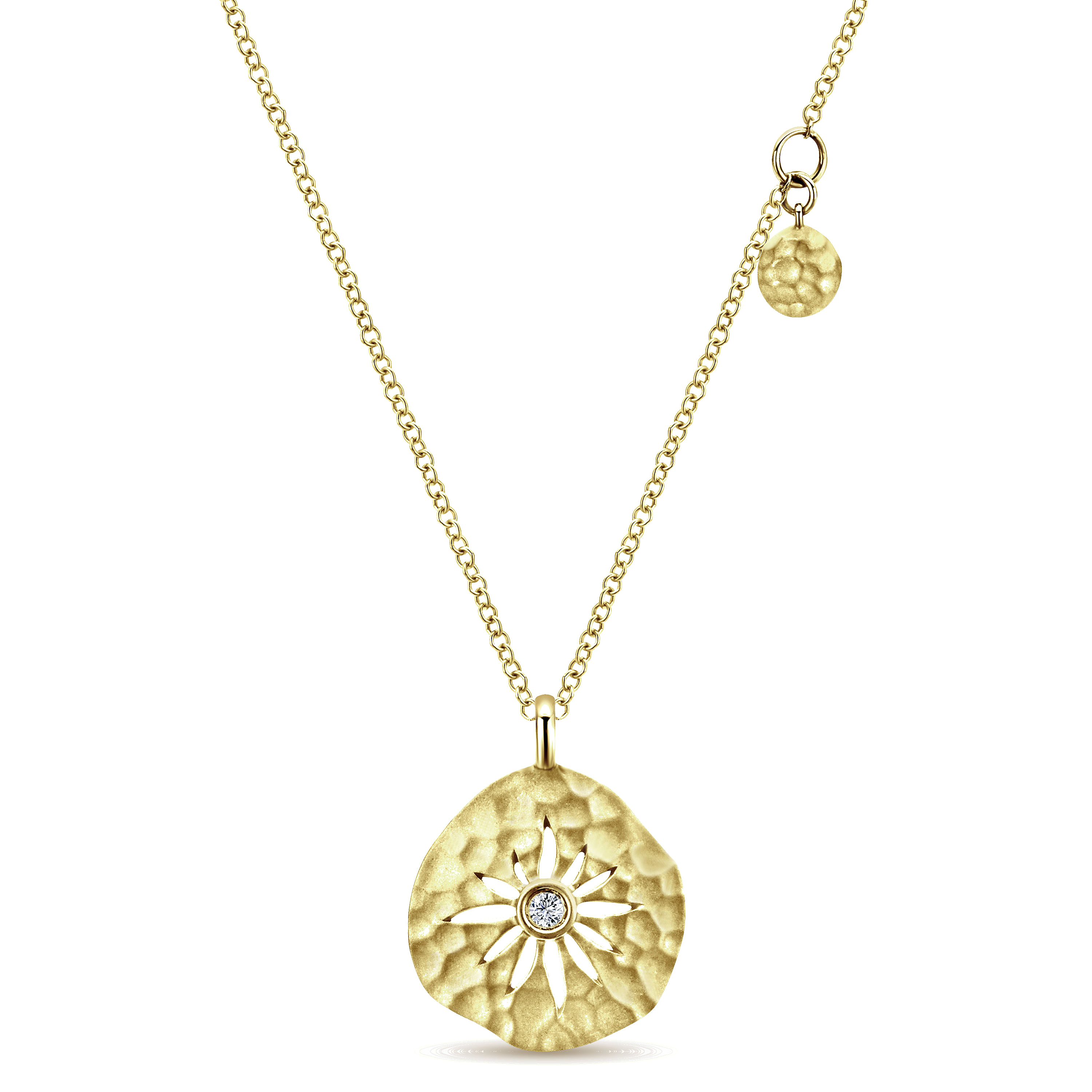 14K Yellow Gold Hammered Pendant Necklace with Diamond and Flower Overlay