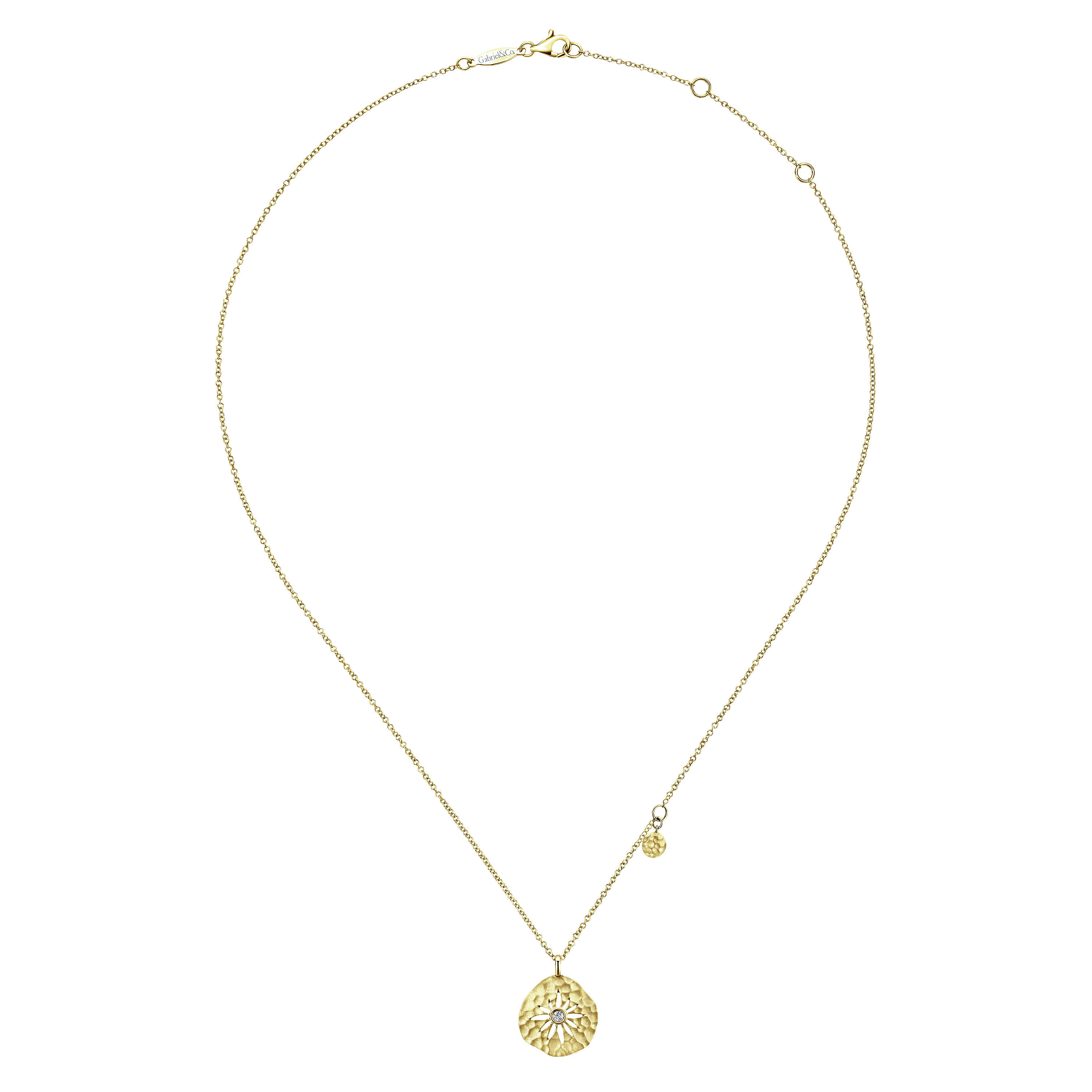 14K Yellow Gold Hammered Pendant Necklace with Diamond and Flower Overlay