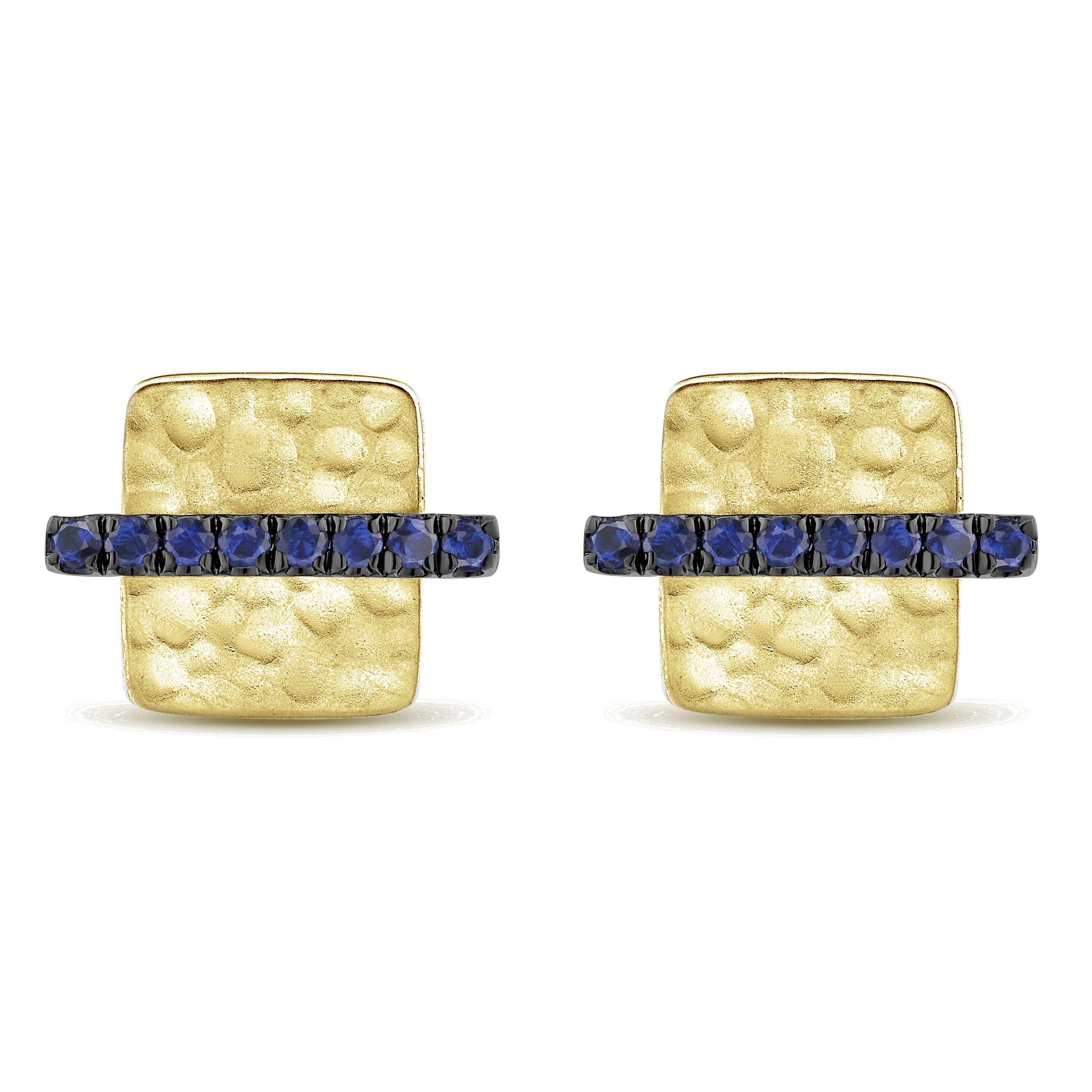 14K Yellow Gold Hammered Square with Sapphire Bar Stud Earrings