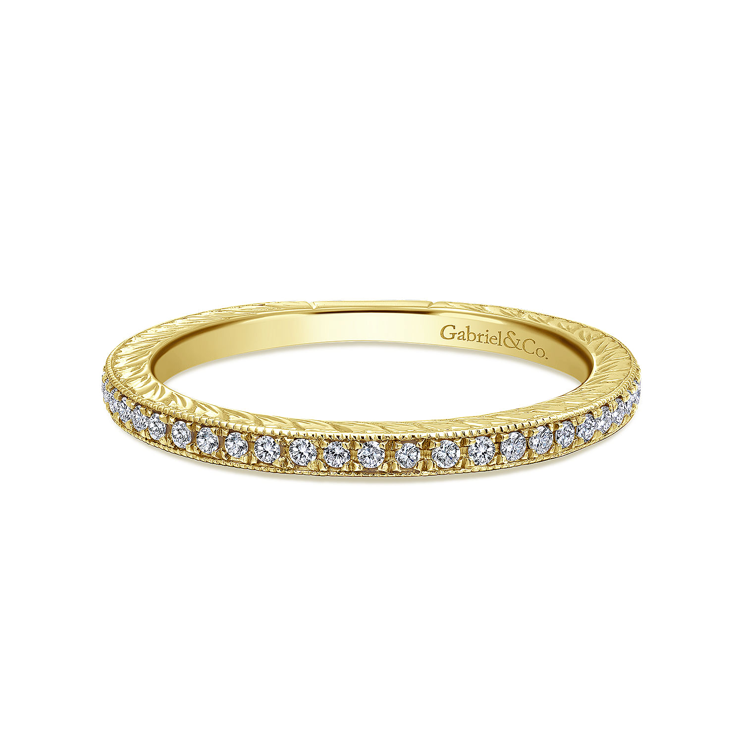 14K Yellow Gold Hand Carved Stackable Diamond Ring