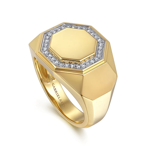 14K Yellow Gold Hexagon Diamond Ring in Sand Blast Finish