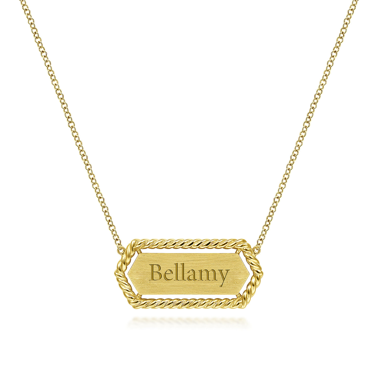 14K Yellow Gold Hexagonal Rectangle ID Necklace with Twisted Rope Frame