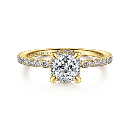 14K Yellow Gold Hidden Halo Cushion Cut Diamond Engagement Ring