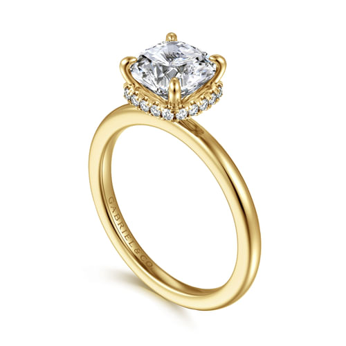 14K Yellow Gold Hidden Halo Cushion Diamond Engagement Ring