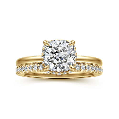 14K Yellow Gold Hidden Halo Cushion Diamond Engagement Ring