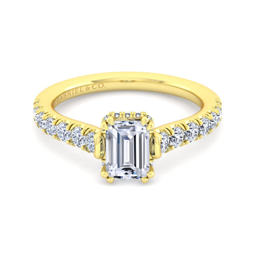 14K Yellow Gold Hidden Halo Emerald Cut Diamond Engagement Ring
