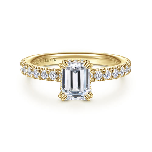 14K Yellow Gold Hidden Halo Emerald Cut Diamond Engagement Ring