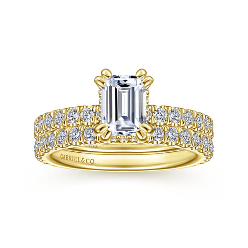 14K Yellow Gold Hidden Halo Emerald Cut Diamond Engagement Ring