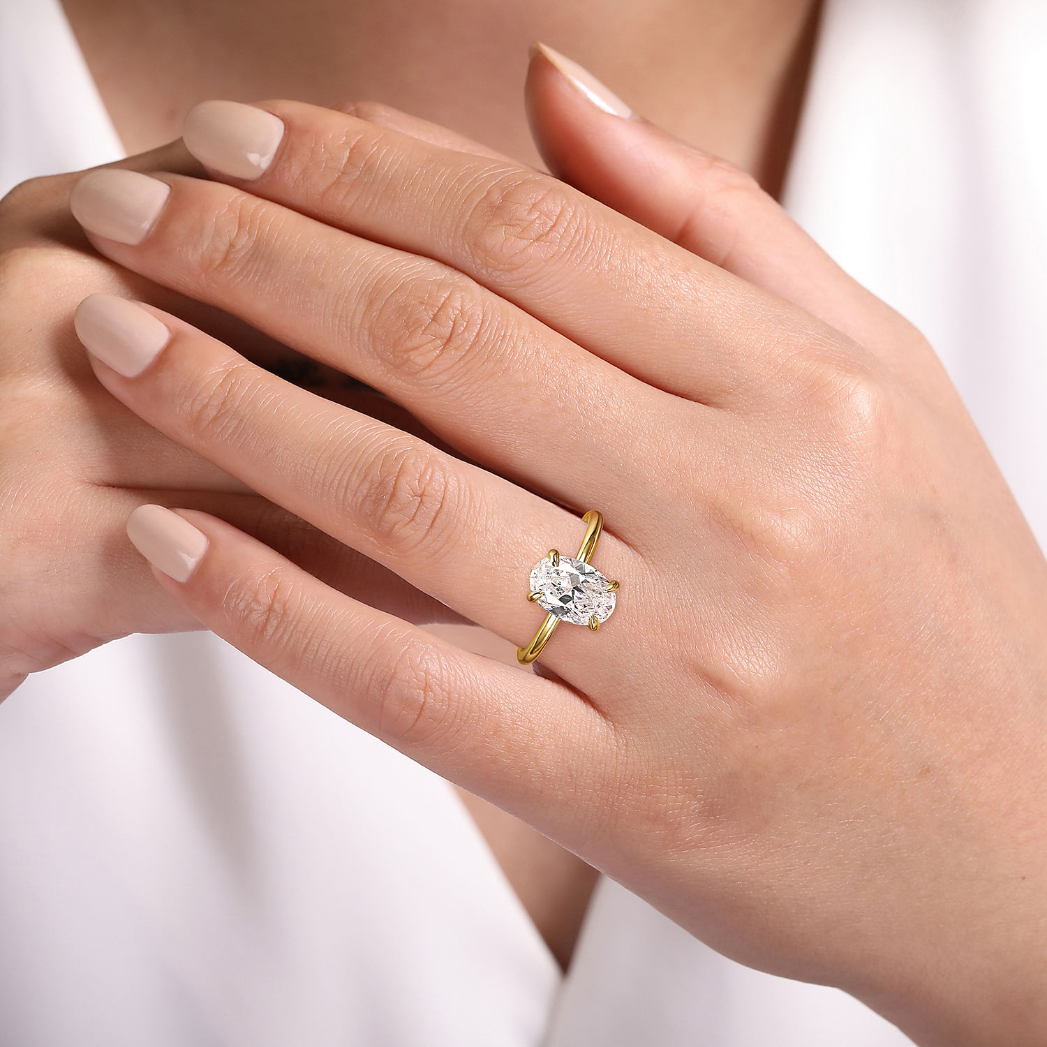 14K Yellow Gold Hidden Halo Oval Diamond Engagement Ring