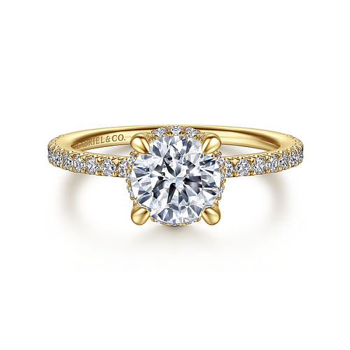 14K Yellow Gold Hidden Halo Round Diamond Engagement Ring