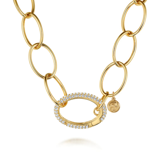 14K Yellow Gold Hollow Chain Necklace with Diamond Oval Lock Pendant 14K Yellow Gold Hollow Chain Necklace with Diamond Oval Lock Pendant