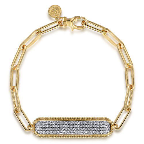 14K Yellow Gold Hollow Paperclip Chain Diamond Pavé ID Bracelet