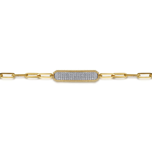 14K Yellow Gold Hollow Paperclip Chain Diamond Pavé ID Bracelet