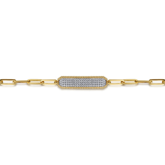 14K Yellow Gold Hollow Paperclip Chain Diamond Pavé ID Bracelet angle 2