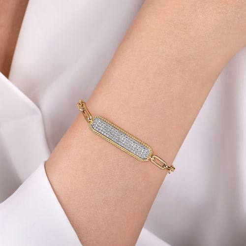 14K Yellow Gold Hollow Paperclip Chain Diamond Pavé ID Bracelet