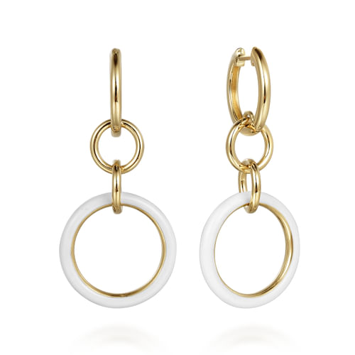 14K Yellow Gold Hollow Tube Drop Earring with White Enamel