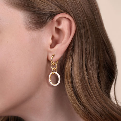14K Yellow Gold Hollow Tube Drop Earring with White Enamel