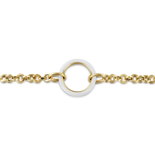 14K Yellow Gold Hollow Tube Link Bracelet with White Enamel