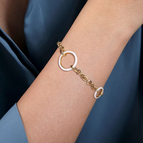 14K Yellow Gold Hollow Tube Link Bracelet with White Enamel