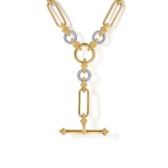 14K Yellow Gold Hollow Tube Link Bujukan and Diamond Y Necklace 14K Yellow Gold Hollow Tube Link Bujukan and Diamond Y Necklace