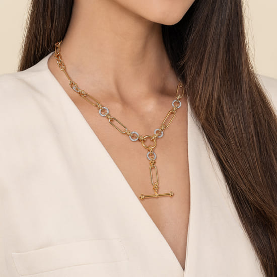 14K Yellow Gold Hollow Tube Link Bujukan and Diamond Y Necklace angle 3 14K Yellow Gold Hollow Tube Link Bujukan and Diamond Y Necklace angle 3