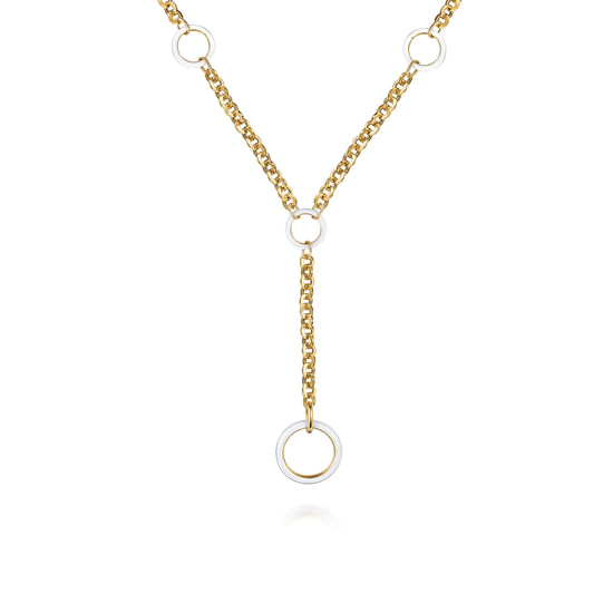 Gabriel - 14K Yellow Gold Hollow Tube Link Y knot Necklace with White Enamel