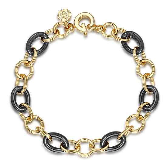 Gabriel - 14K Yellow Gold Hollow Tube and Black Oval Ceramic Link Chain Tennis Bracelet