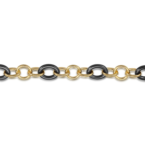 14K Yellow Gold Hollow Tube and Black Oval Ceramic Link Chain Tennis Bracelet