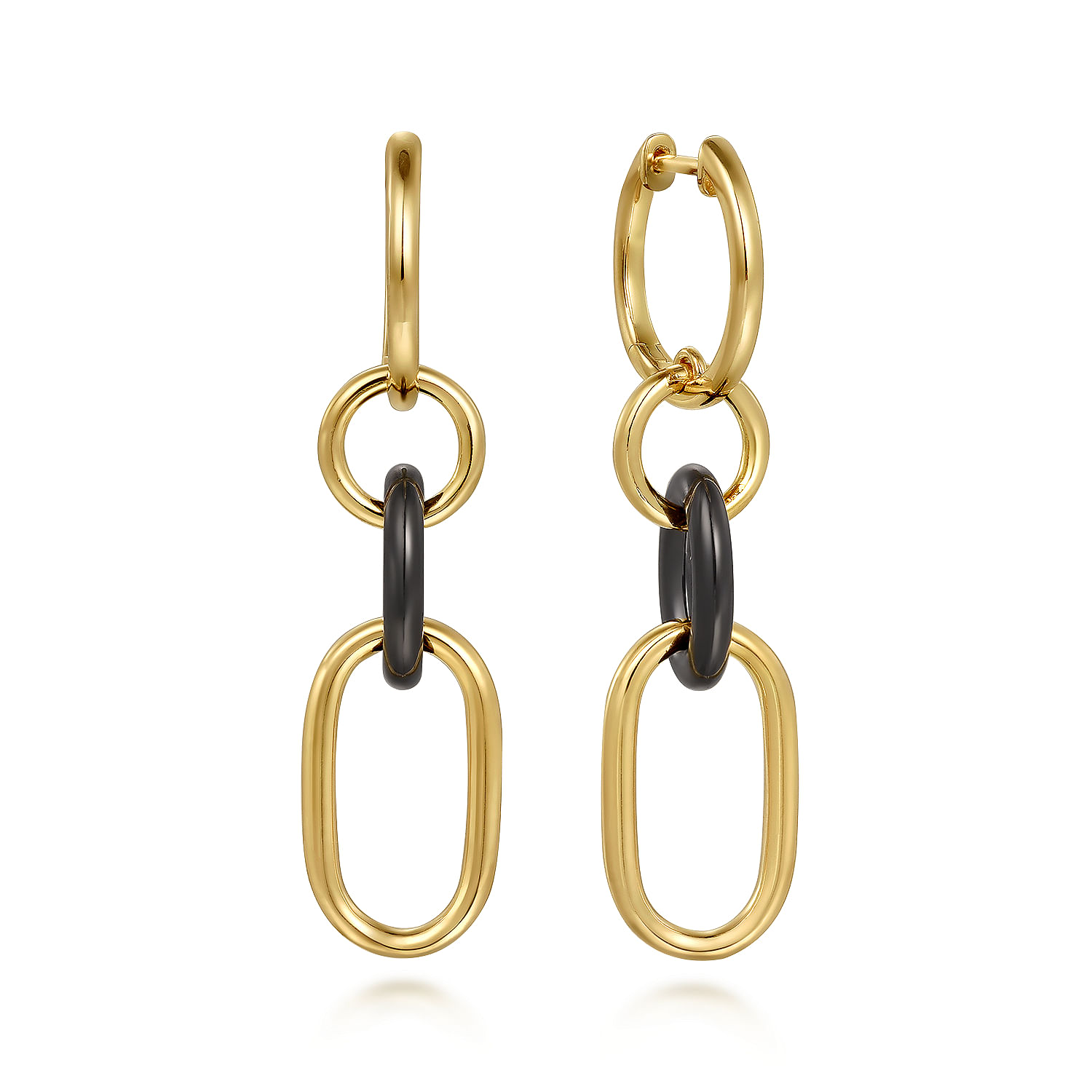 14K Yellow Gold Hollow Tube and Black Oval Ceramic Link Huggie Drop Earrings