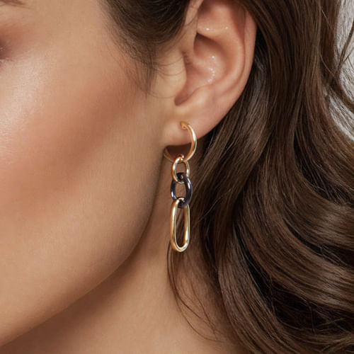 14K Yellow Gold Hollow Tube and Black Oval Ceramic Link Huggie Drop Earrings