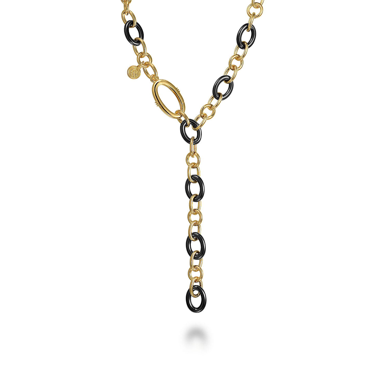 Gabriel - 14K Yellow Gold Hollow Tube and Black Oval Ceramic Y Knots Necklace