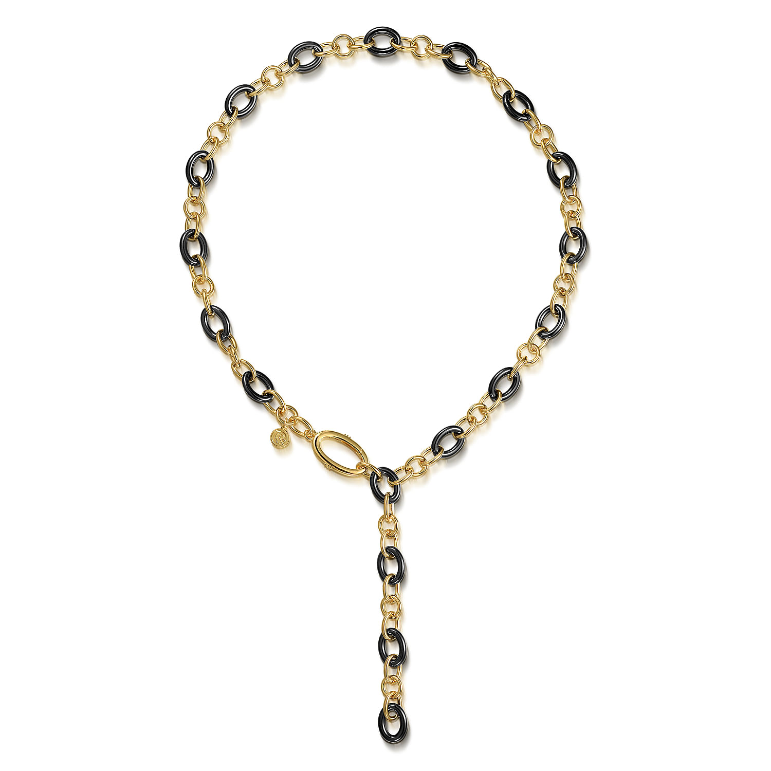 14K Yellow Gold Hollow Tube and Black Oval Ceramic Y Knots Necklace
