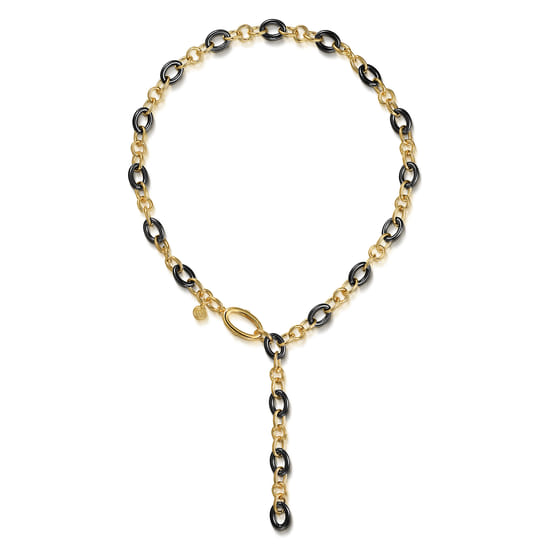 14K Yellow Gold Hollow Tube and Black Oval Ceramic Y Knots Necklace angle 2