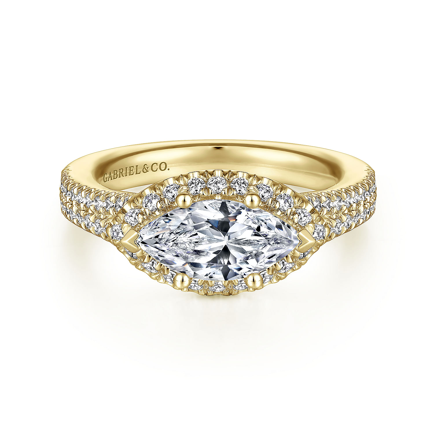 14K Yellow Gold Horizontal Marquise Halo Diamond Engagement Ring