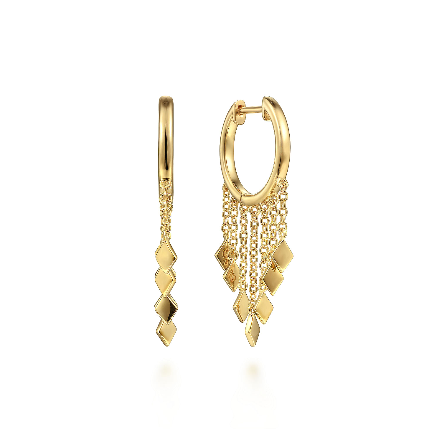 14K Yellow Gold Huggie Earrings with Chain and Diamond Tassel Drops