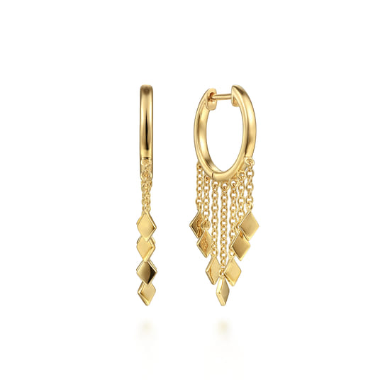 14K Yellow Gold Huggie Earrings with Chain and Diamond Tassel Drops 14K Yellow Gold Huggie Earrings with Chain and Diamond Tassel Drops