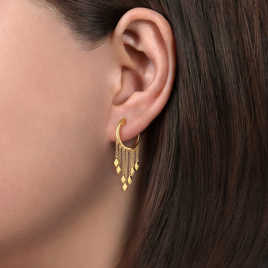 14K Yellow Gold Huggie Earrings with Chain and Diamond Tassel Drops angle 2 14K Yellow Gold Huggie Earrings with Chain and Diamond Tassel Drops angle 2