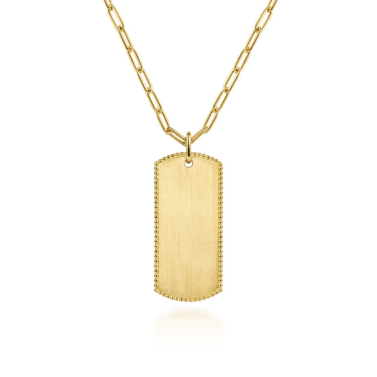 14K Yellow Gold ID Dog Tag Pendant Hollow Chain Necklace